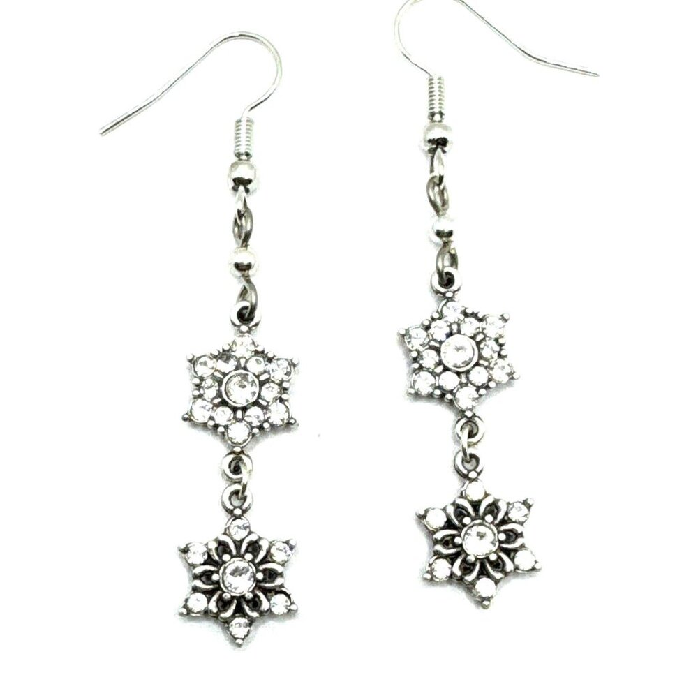 Brighton Arctica 2-Snowflakes Dangle Crystals Holiday Winter Silver Earrings